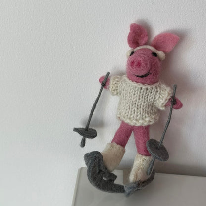 Handmade Felt Skiing Pig